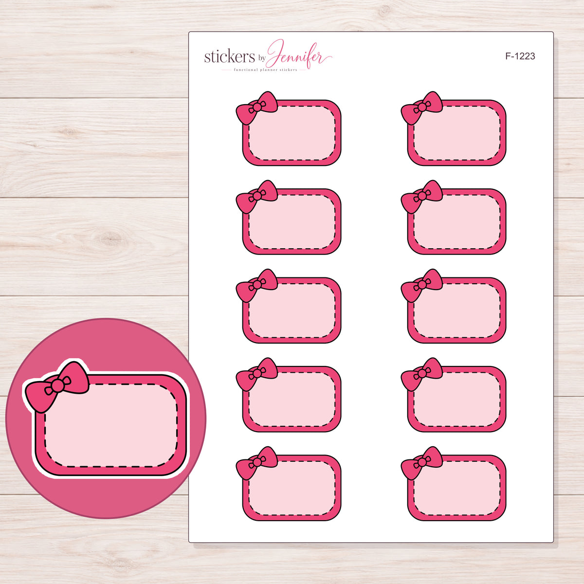 Pink Corner Bow Half Box Planner Stickers | F-1223 — 5 × 7 inch sheet and enlarged sticker detail