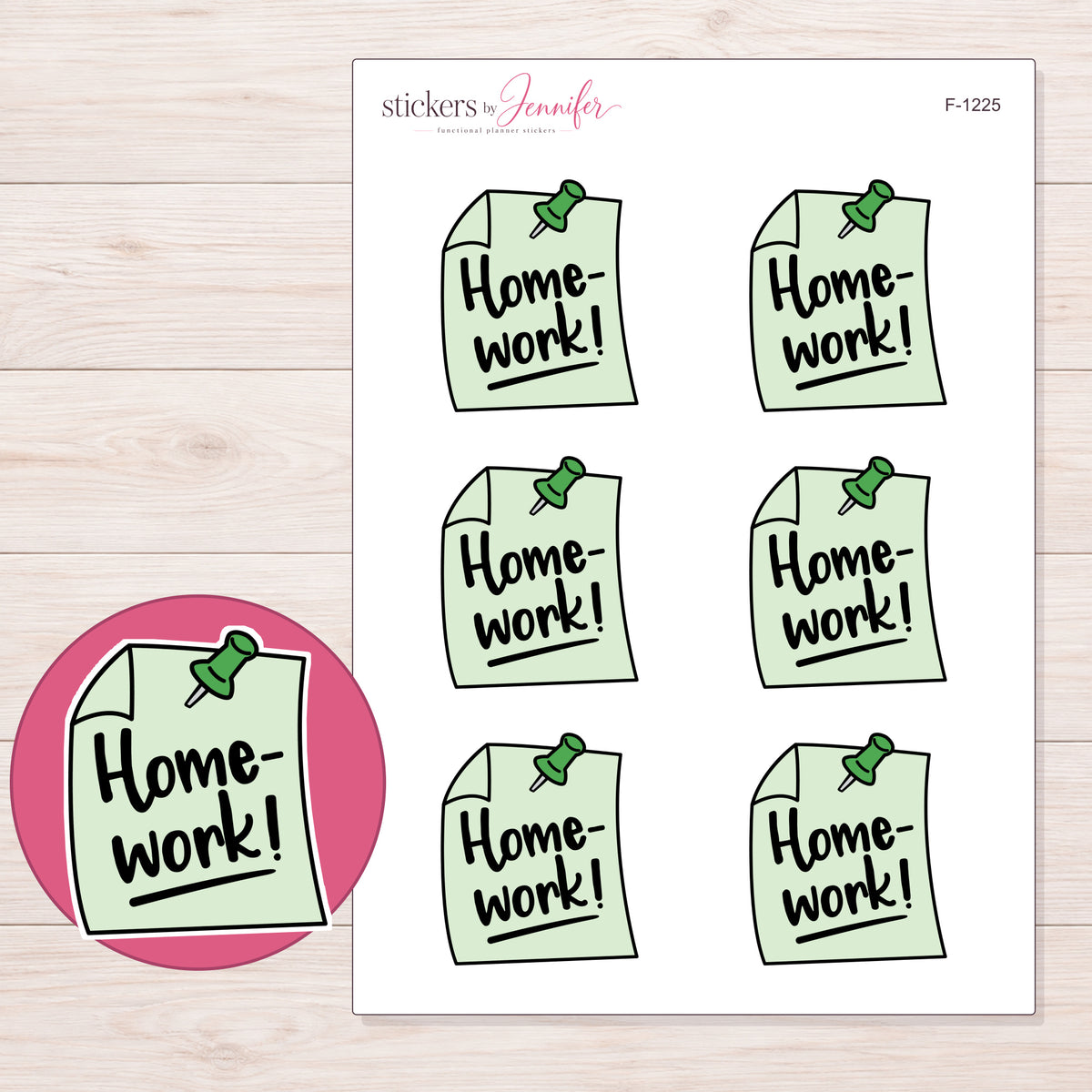 Green Homework Reminder Note Planner Stickers | F-1225 — 5 × 7 inch sheet and enlarged sticker detail