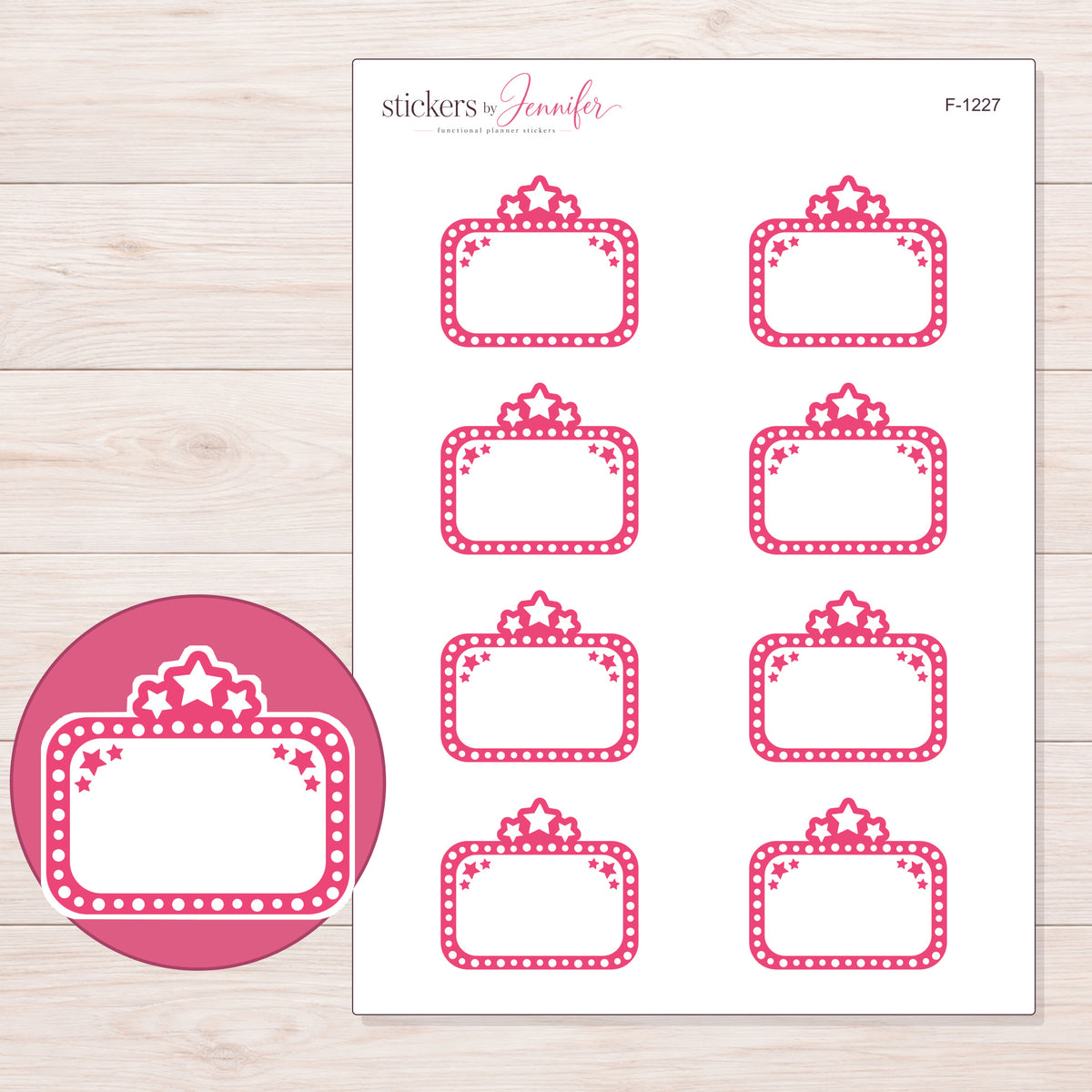 Pink Star Movie Marquee Planner Stickers | F-1227 — 5 × 7 inch sheet and enlarged sticker detail