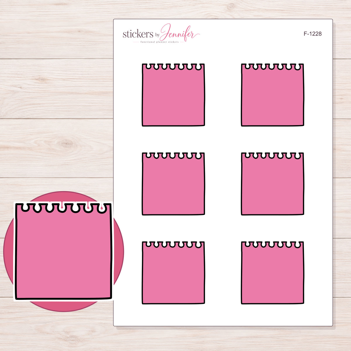 Pink Spiral Notepad Planner Stickers | F-1228 — 5 × 7 inch sheet and enlarged sticker detail