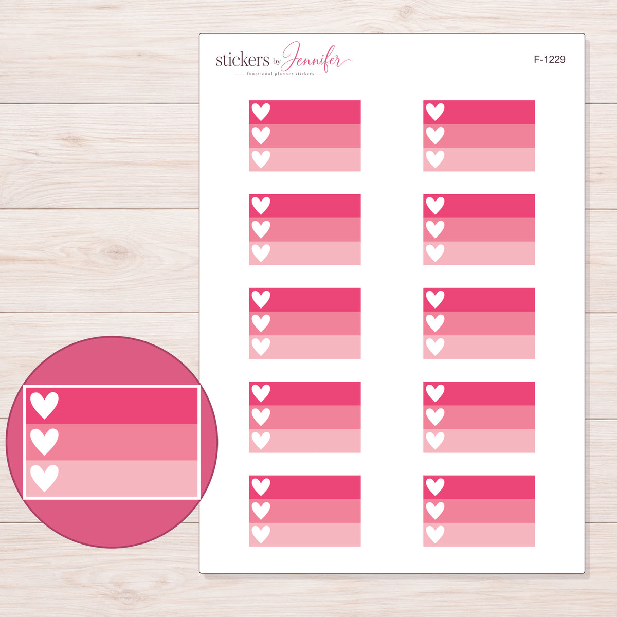 Pink Ombre Heart Checklist Planner Stickers | F-1229 — 5 × 7 inch sheet and enlarged sticker detail