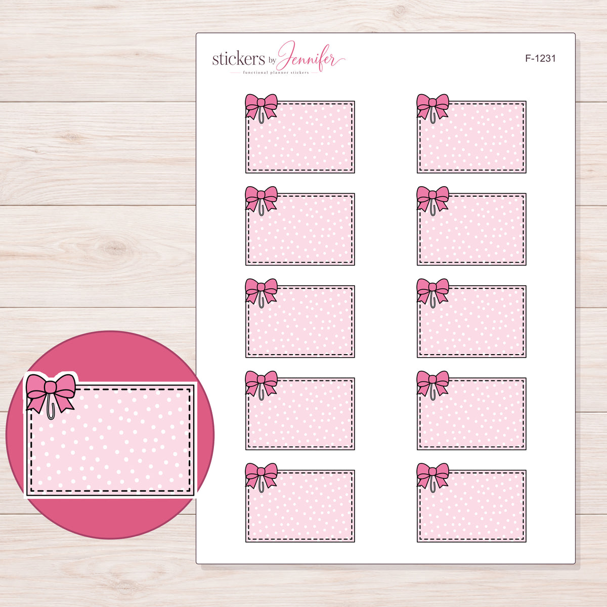 Pink Polka Dot Bow Half Box Planner Stickers | F-1231 — 5 × 7 inch sheet and enlarged sticker detail