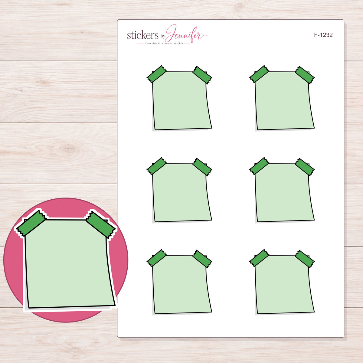 Green Double-Tape Note Planner Stickers | F-1232 — 5 × 7 inch sheet and enlarged sticker detail
