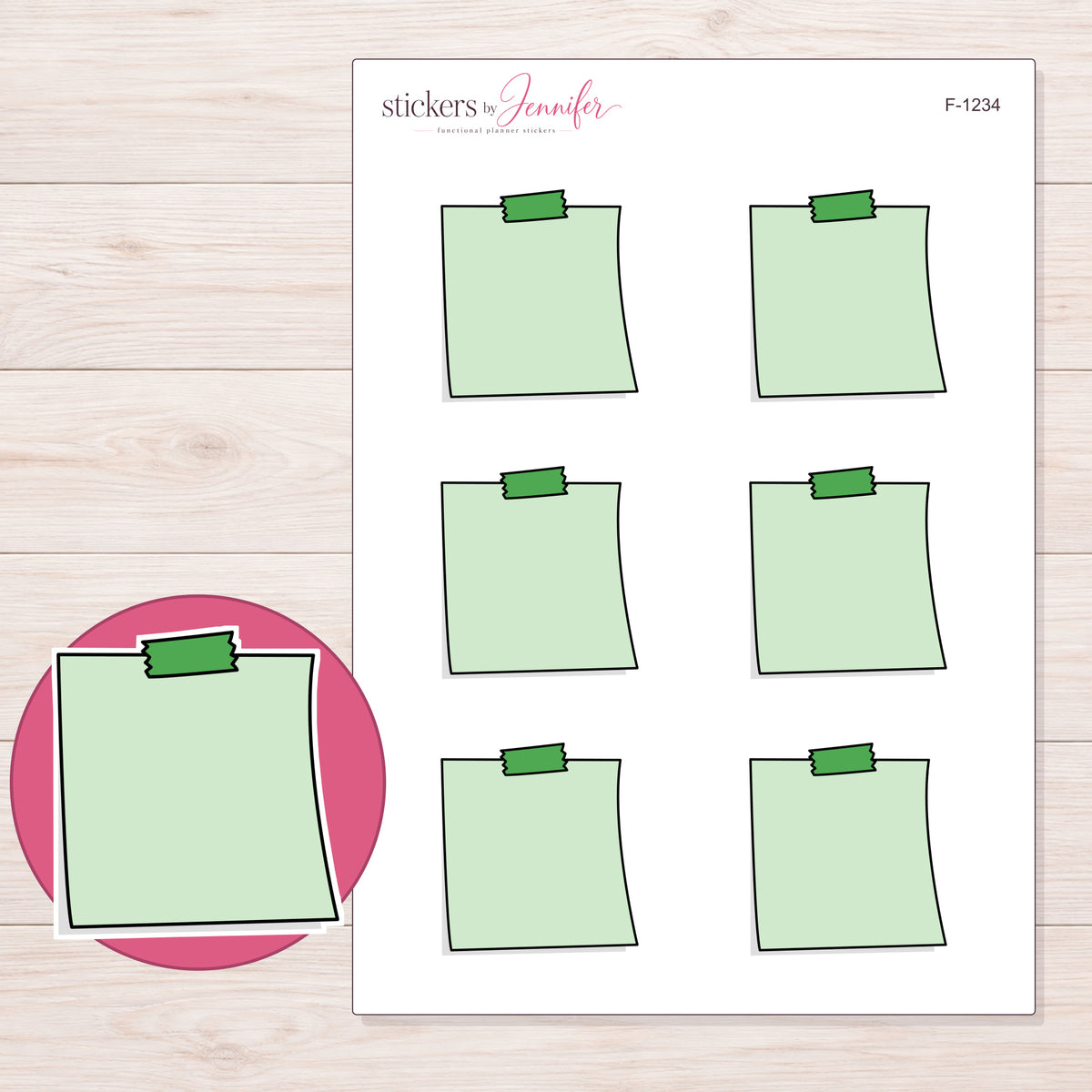 Green Top-Tape Note Planner Stickers | F-1234 — 5 × 7 inch sheet and enlarged sticker detail