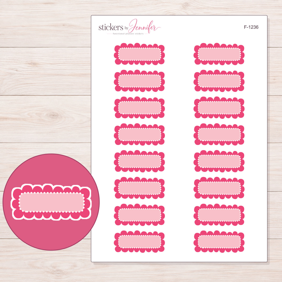Pink Scallop Dot Quarter Box Planner Stickers | F-1236 — 5 × 7 inch sheet and enlarged sticker detail