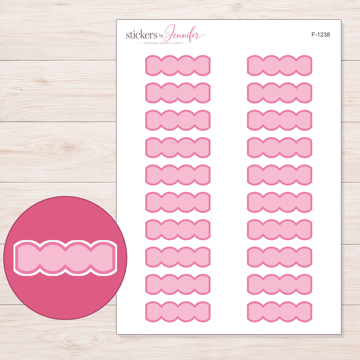 Pink Wavy Quarter Box Planner Stickers | F-1238 — 5 × 7 inch sheet and enlarged sticker detail