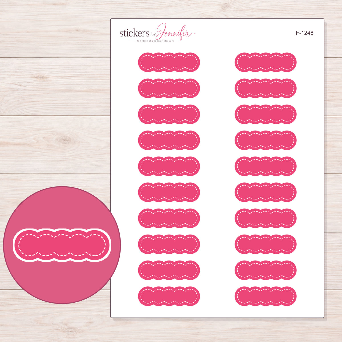 Pink Stitched Scallop Label Planner Stickers | F-1248 — 5 × 7 inch sheet and enlarged sticker detail