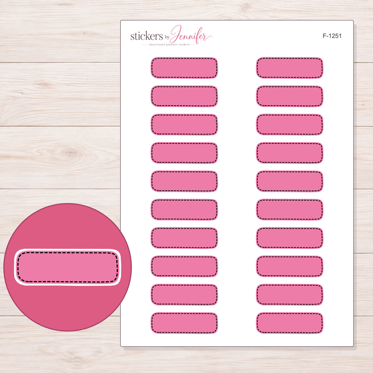 Pink Dark-Stitch Quarter Box Planner Stickers | F-1251 — 5 × 7 inch sheet and enlarged sticker detail