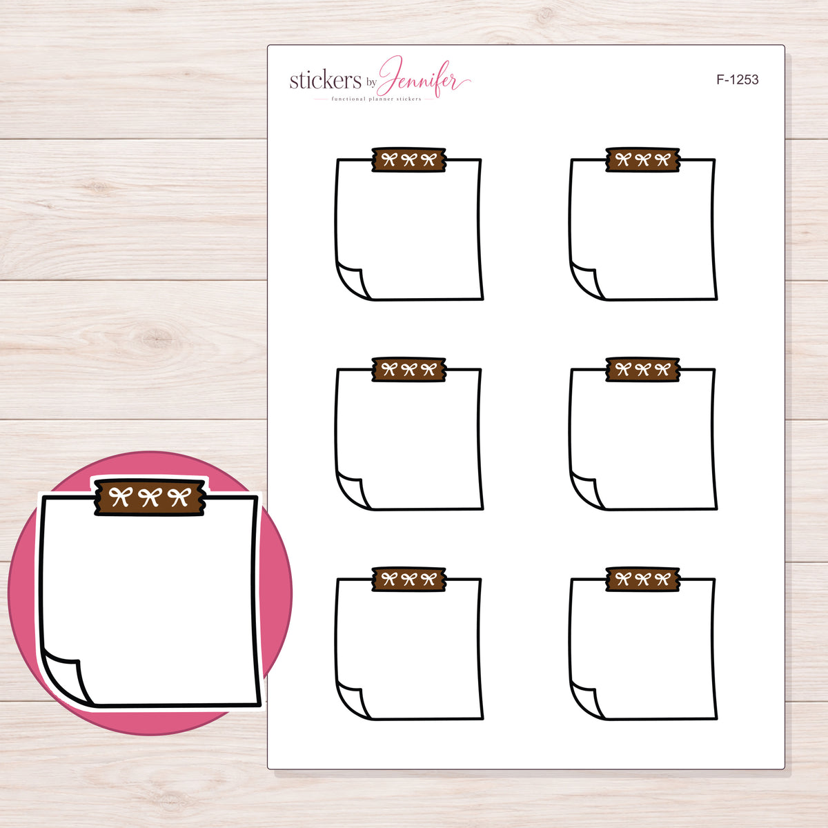 Brown Bow-Tape Note Planner Stickers | F-1253 — 5 × 7 inch sheet and enlarged sticker detail