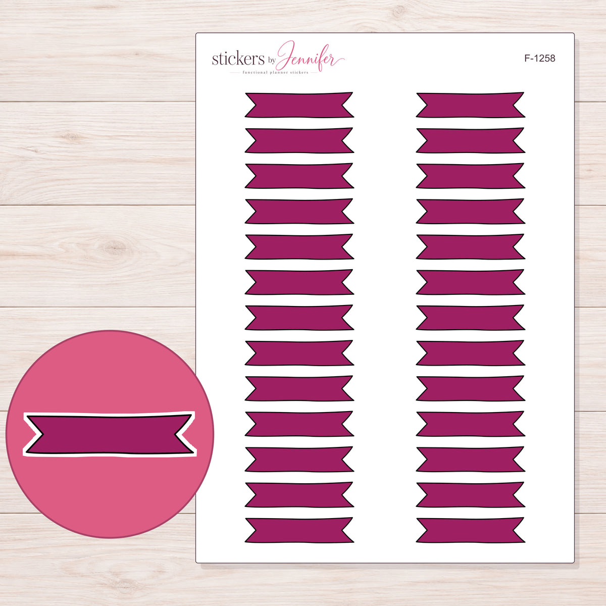 Berry Double-Notch Banner Label Planner Stickers | F-1258 — 5 × 7 inch sheet and enlarged sticker detail