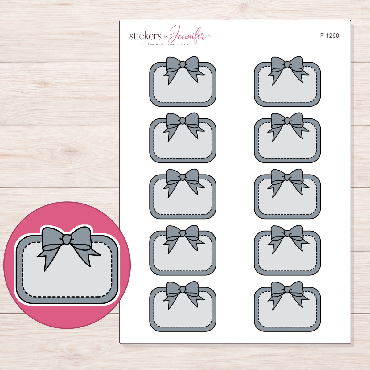 Gray Bow Half Box Label Planner Stickers | F-1260 — 5 × 7 inch sheet and enlarged sticker detail