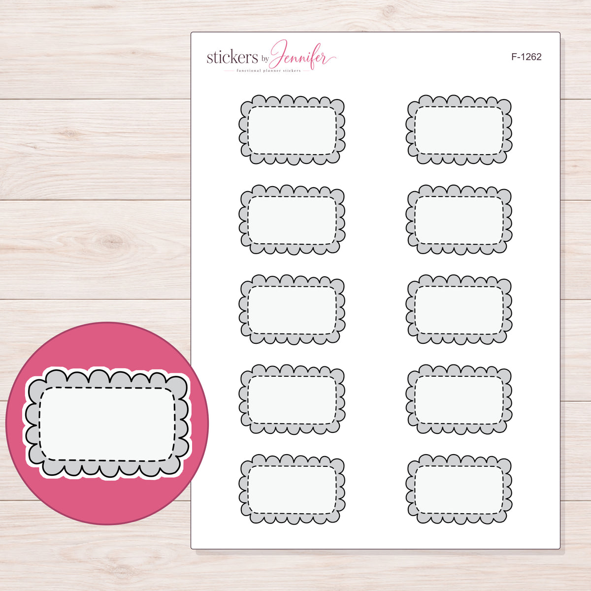 Gray Doodle Scallop Half Box Planner Stickers | F-1262 — 5 × 7 inch sheet and enlarged sticker detail