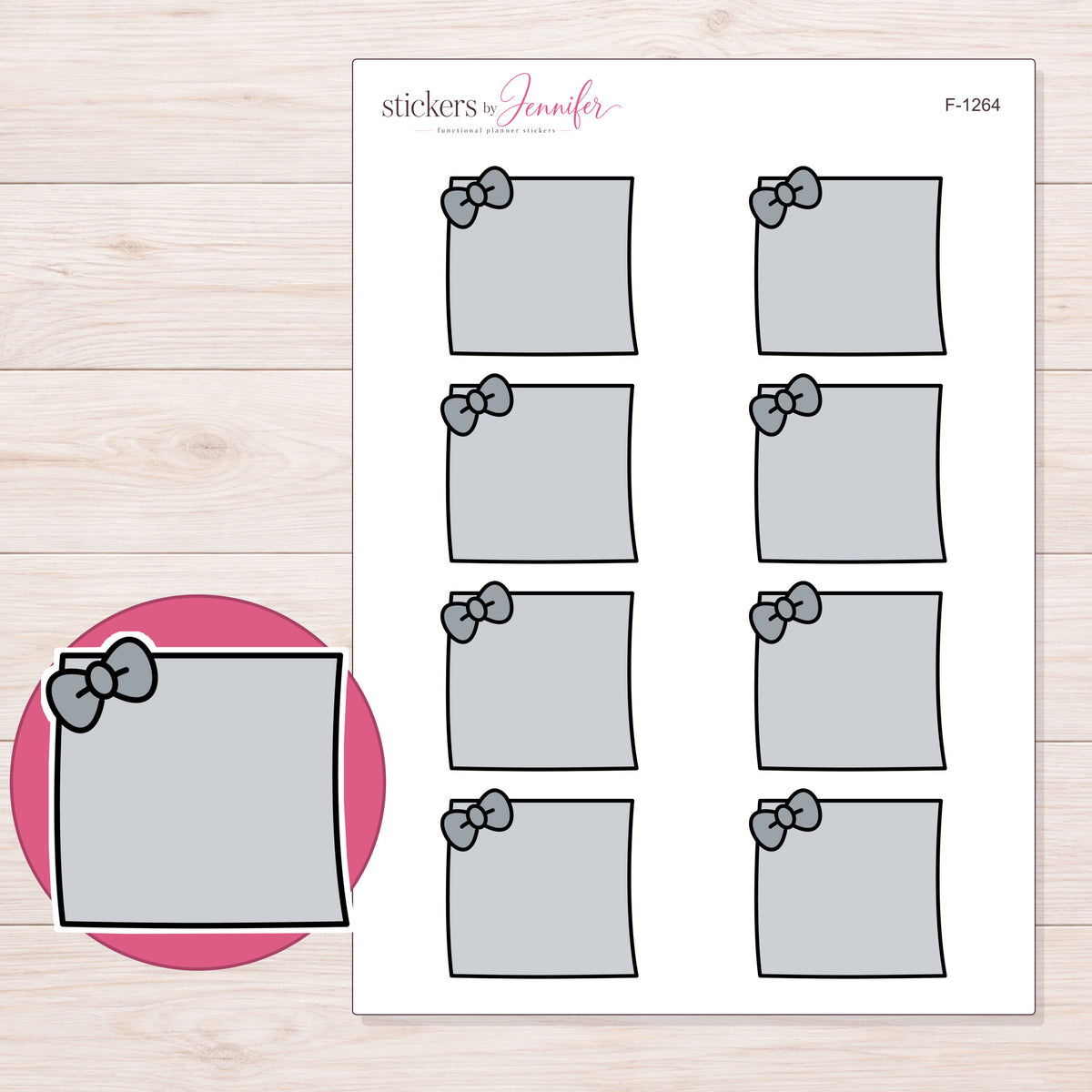 Gray Bow Note Planner Stickers | F-1264 — 5 × 7 inch sheet and enlarged sticker detail