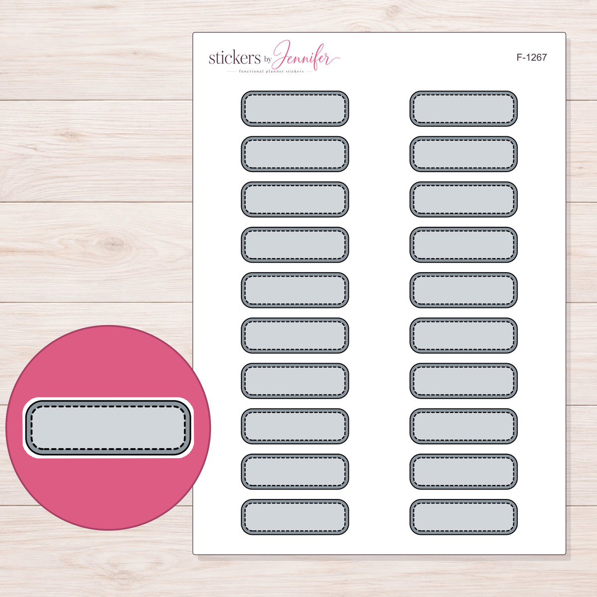 Gray Stitched Quarter Box Label Planner Stickers | F-1267 — 5 × 7 inch sheet and enlarged sticker detail
