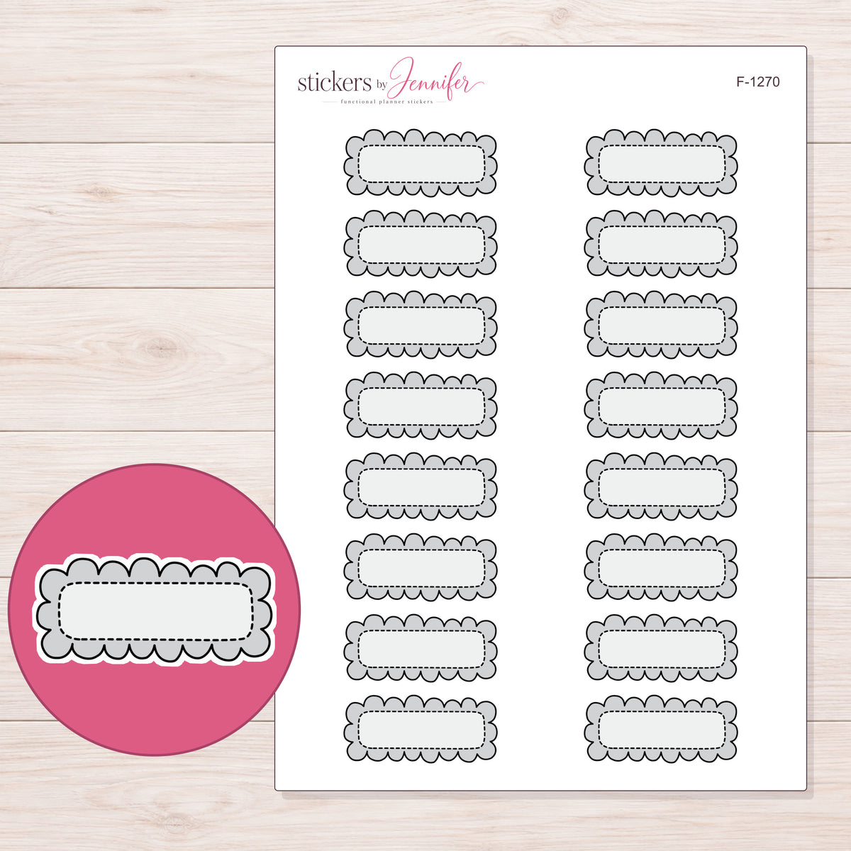 Gray Doodle Scallop Quarter Box Planner Stickers | F-1270 — 5 × 7 inch sheet and enlarged sticker detail