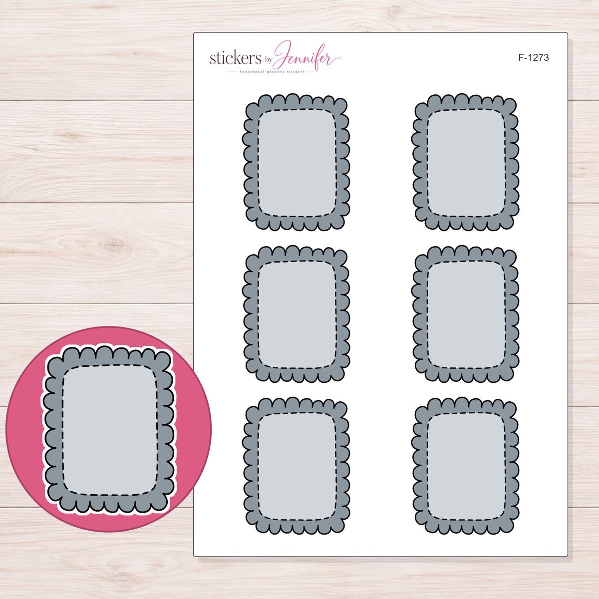 Gray Scalloped Full Box Planner Stickers | F-1273 — 5 × 7 inch sheet and enlarged sticker detail