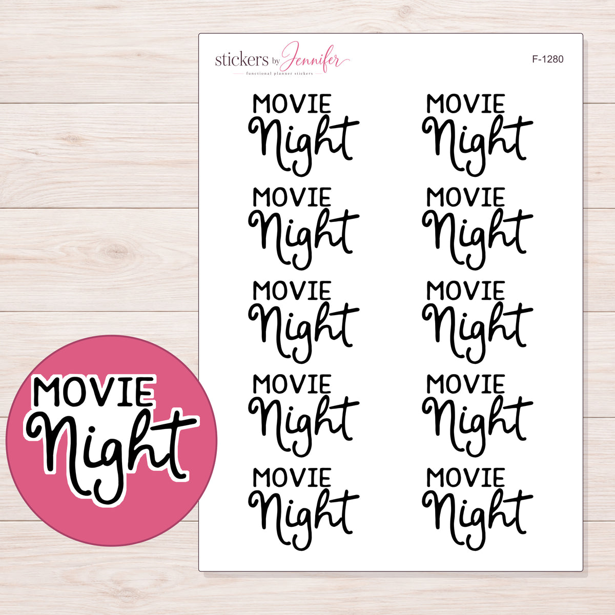 Black Movie Night Script Planner Stickers | F-1280 — 5 × 7 inch sheet and enlarged sticker detail