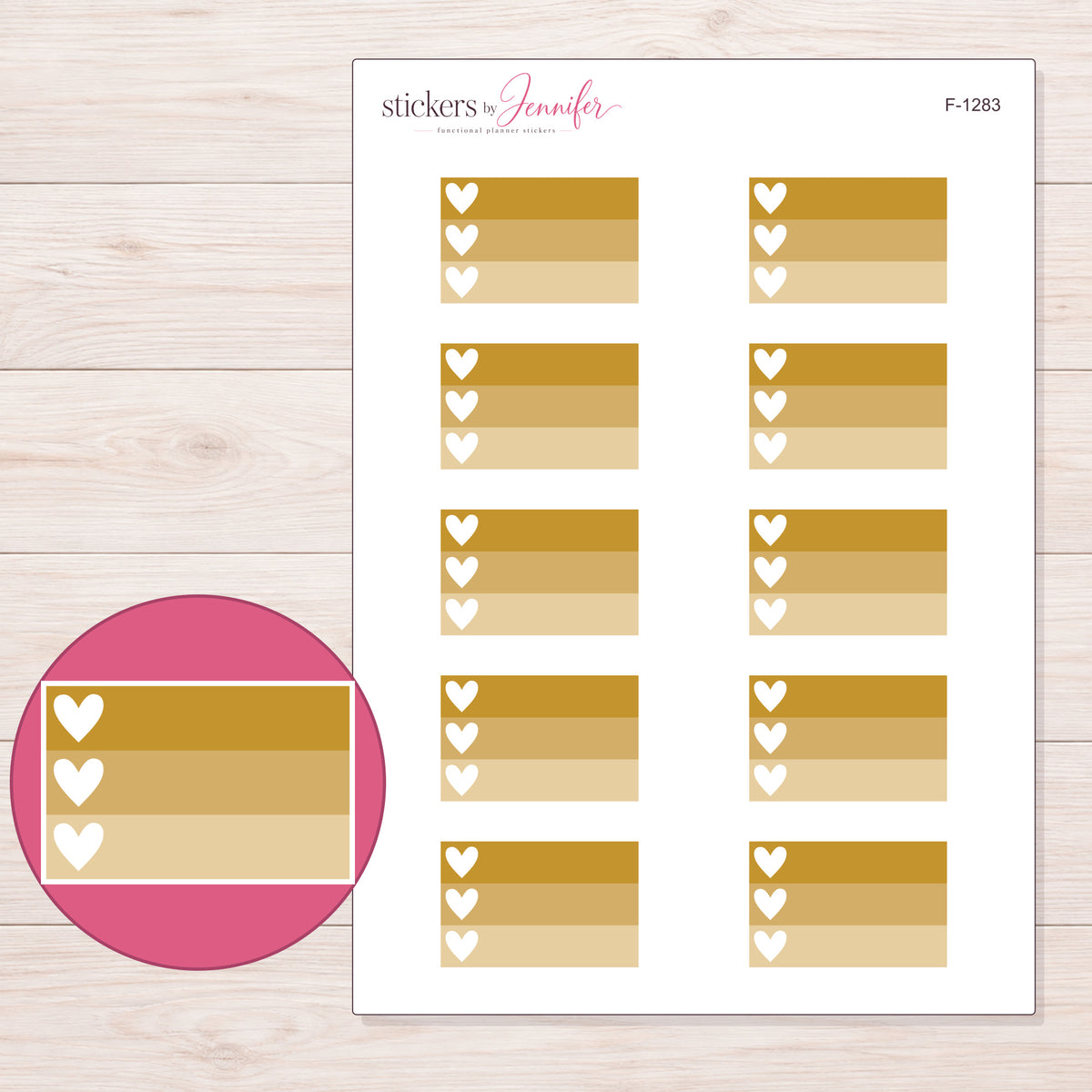Mustard Yellow Ombre Heart Checklist Planner Stickers | F-1283 — 5 × 7 inch sheet and enlarged sticker detail