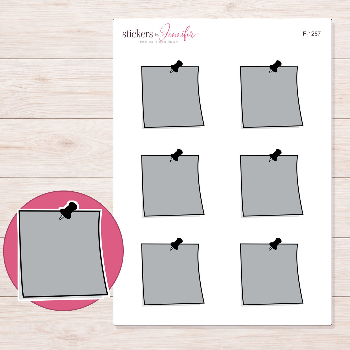 Gray Pushpin Note Planner Stickers | F-1287 — 5 × 7 inch sheet and enlarged sticker detail