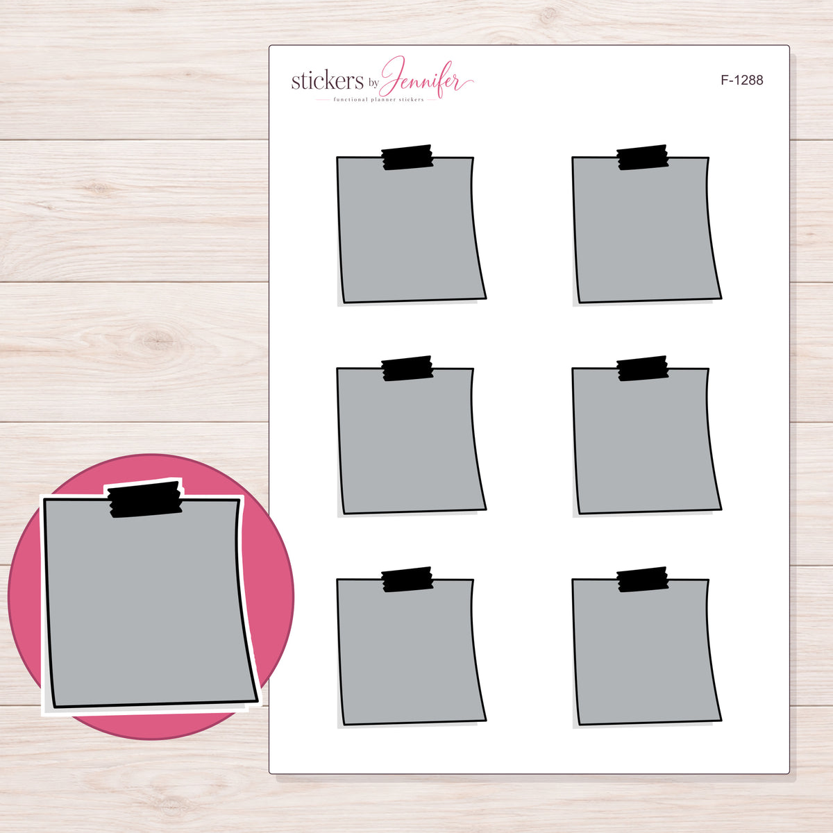 Gray Black-Tape Note Planner Stickers | F-1288 — 5 × 7 inch sheet and enlarged sticker detail