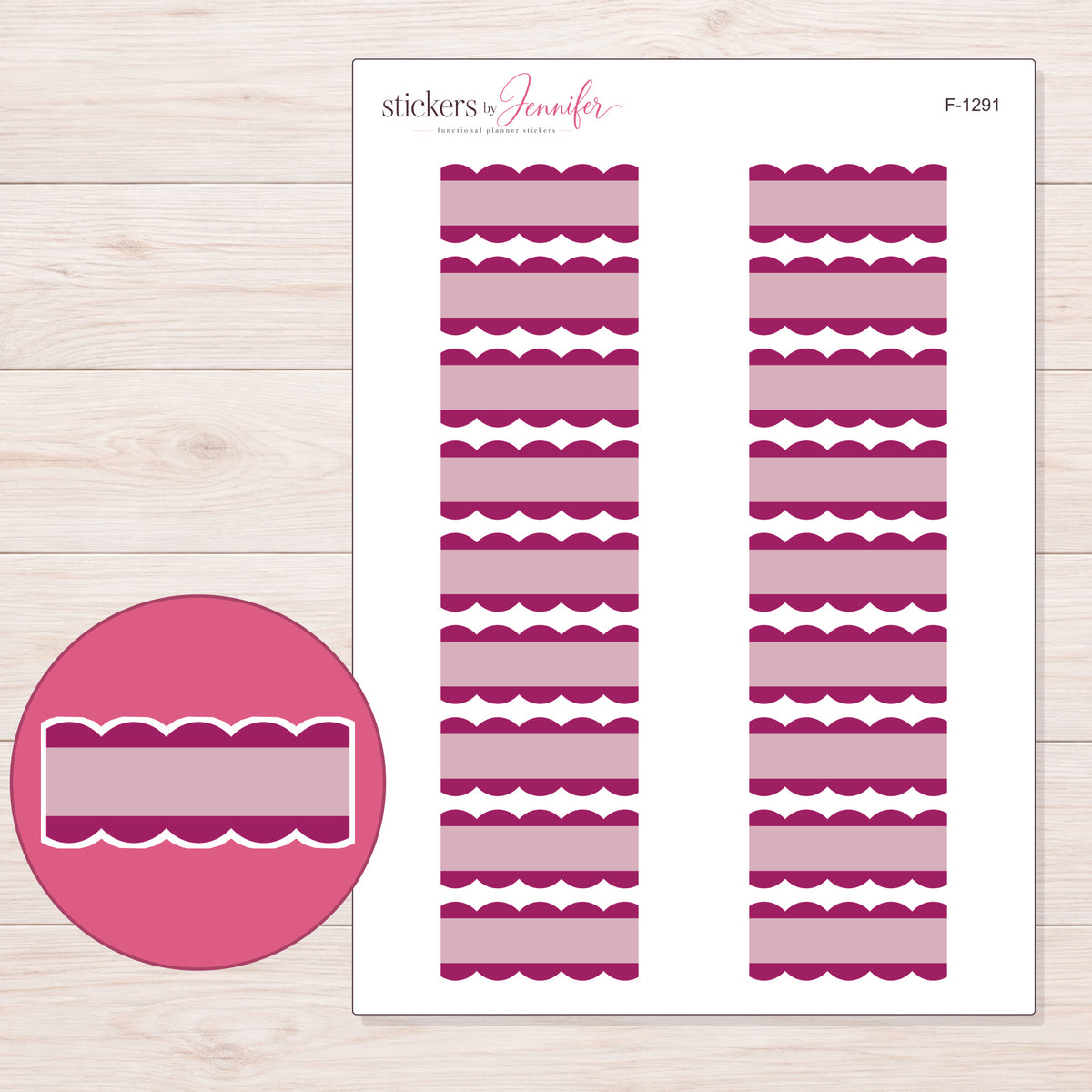 Berry Scallop Stripe Quarter Box Planner Stickers | F-1291 — 5 × 7 inch sheet and enlarged sticker detail