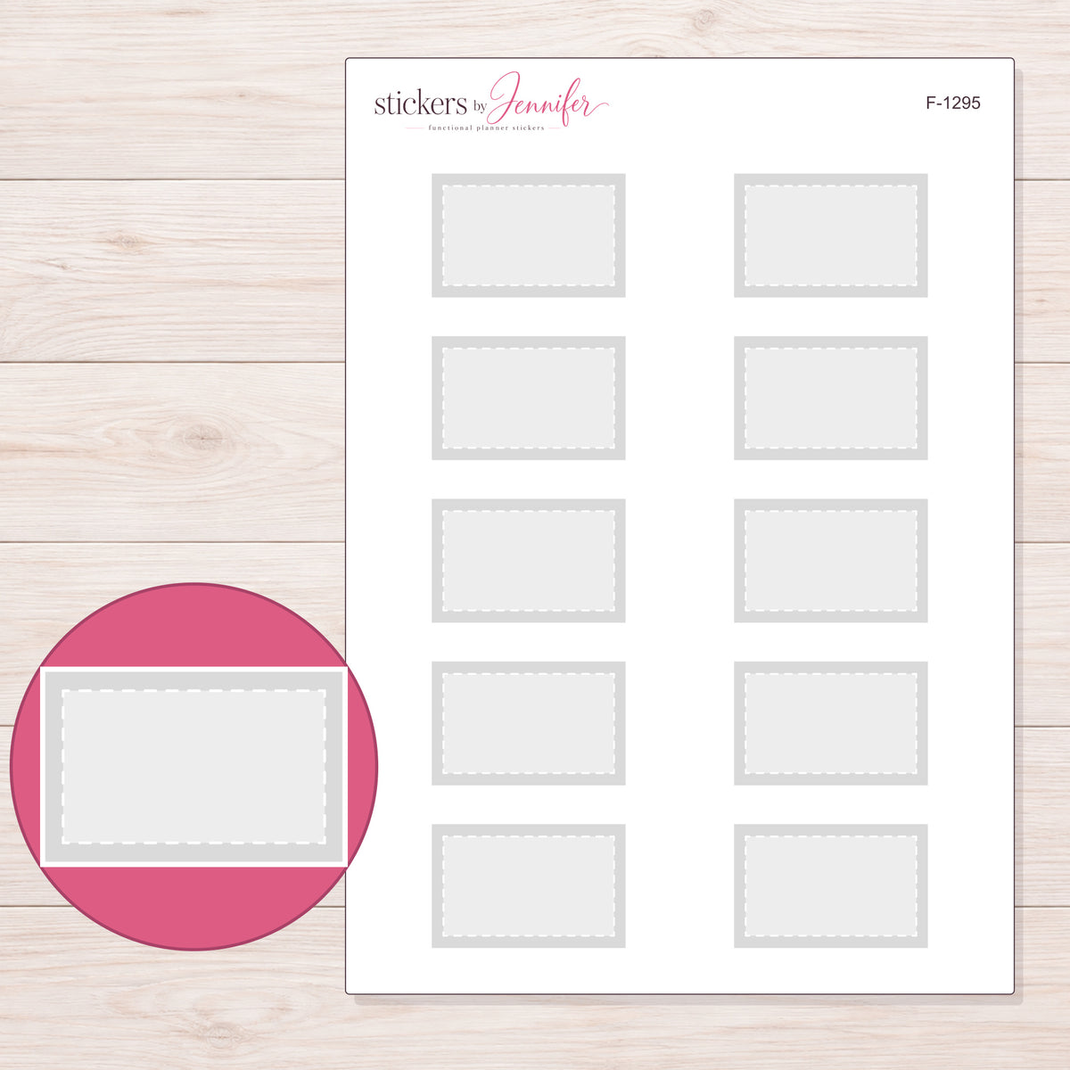 Gray Square-Corner Stitched Half Box Planner Stickers | F-1295 — 5 × 7 inch sheet and enlarged sticker detail