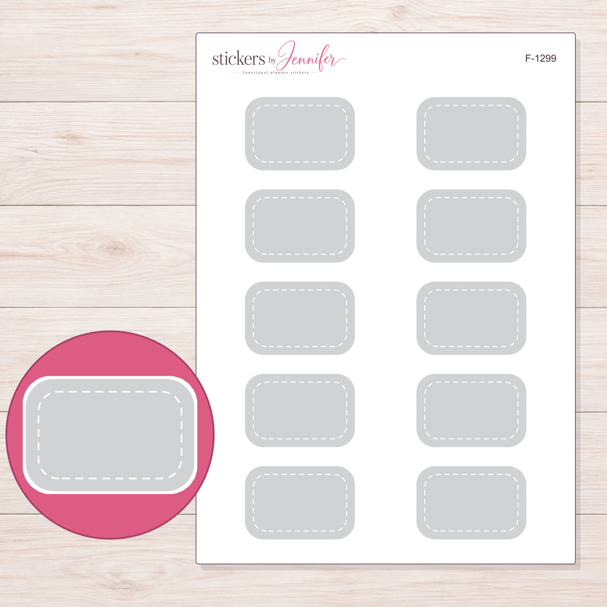 Gray White-Stitch Half Box Planner Stickers | F-1299 — 5 × 7 inch sheet and enlarged sticker detail