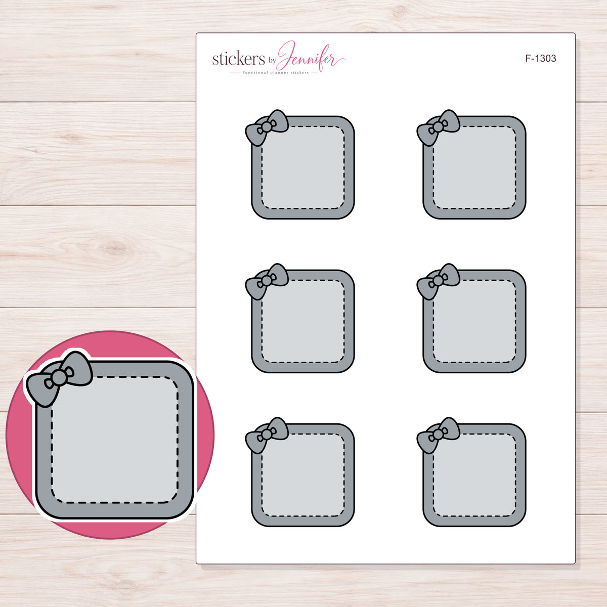 Gray Stitched Square Bow Label Planner Stickers | F-1303 — 5 × 7 inch sheet and enlarged sticker detail