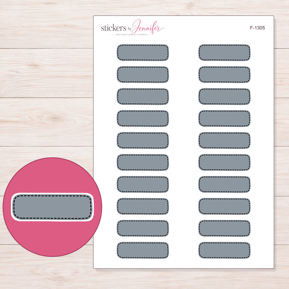 Slate Gray Dark-Stitch Quarter Box Planner Stickers | F-1305 — 5 × 7 inch sheet and enlarged sticker detail