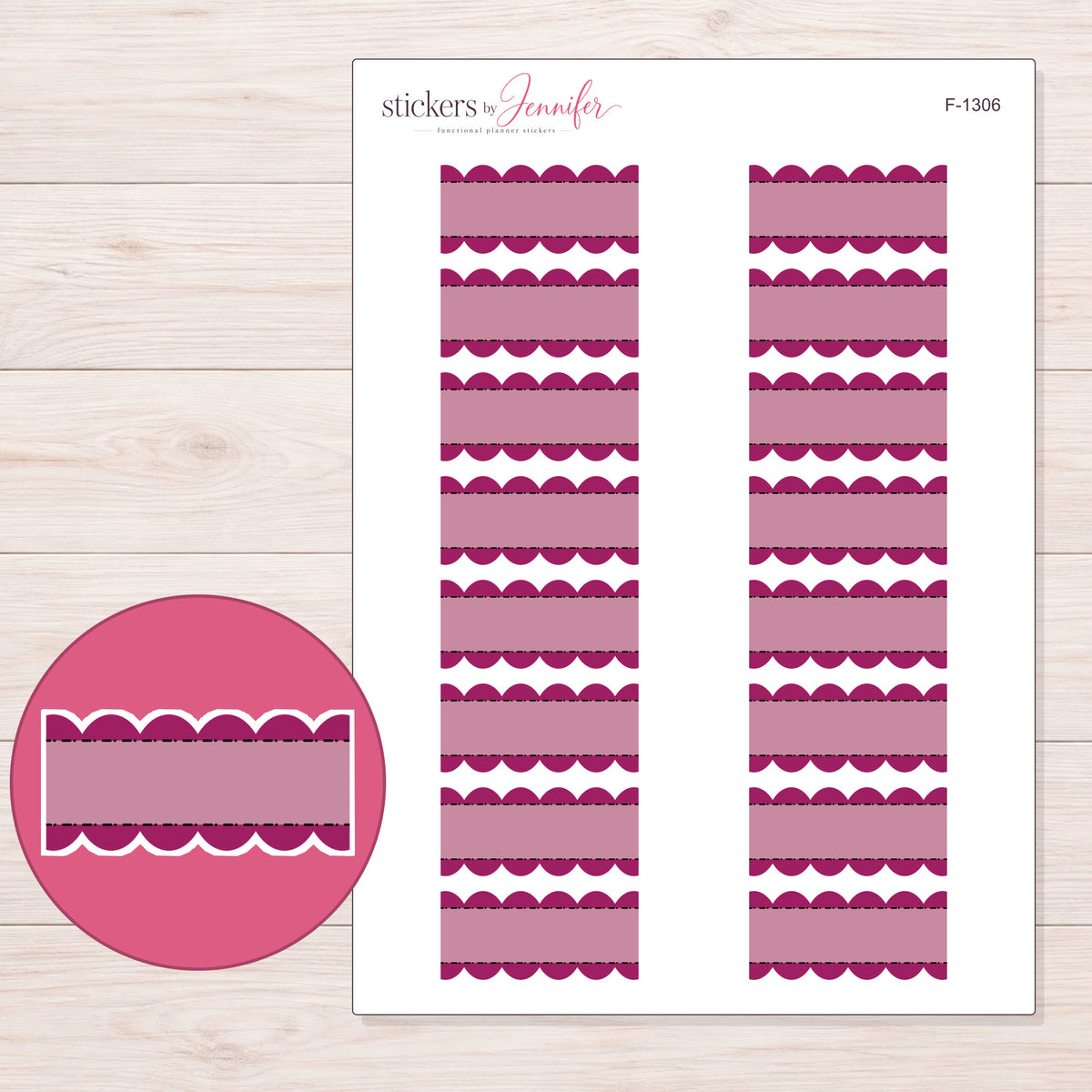 Berry Stitched Scallop Stripe Label Planner Stickers | F-1306 — 5 × 7 inch sheet and enlarged sticker detail