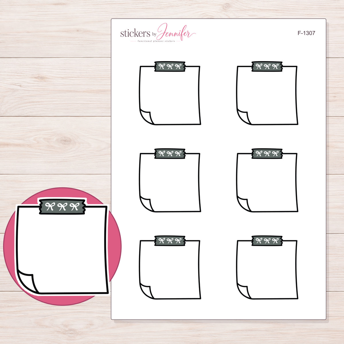 Charcoal Bow-Tape Note Planner Stickers | F-1307 — 5 × 7 inch sheet and enlarged sticker detail