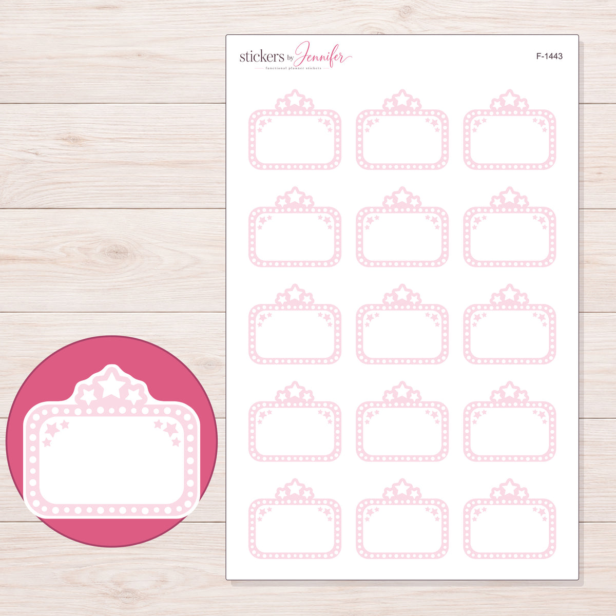 F-1443 planner sticker sheet with enlarged sticker detail