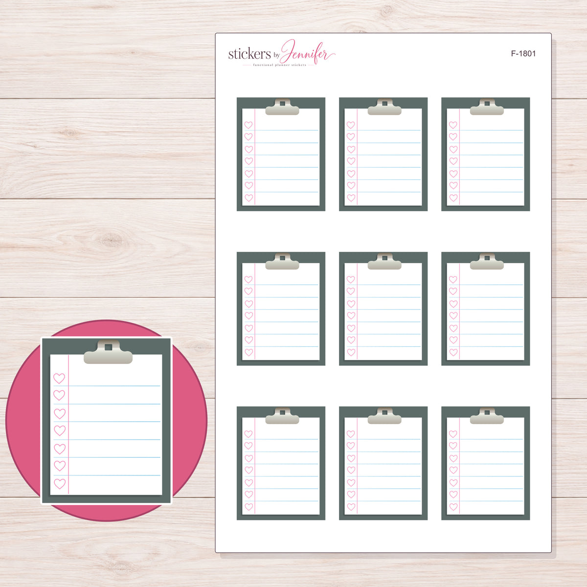 F-1801 planner sticker sheet with enlarged sticker detail