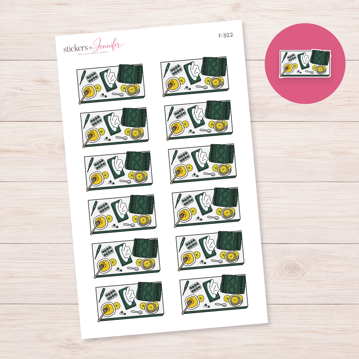 Forest Green Sick Day Flat Lay Planner Stickers | F-322
