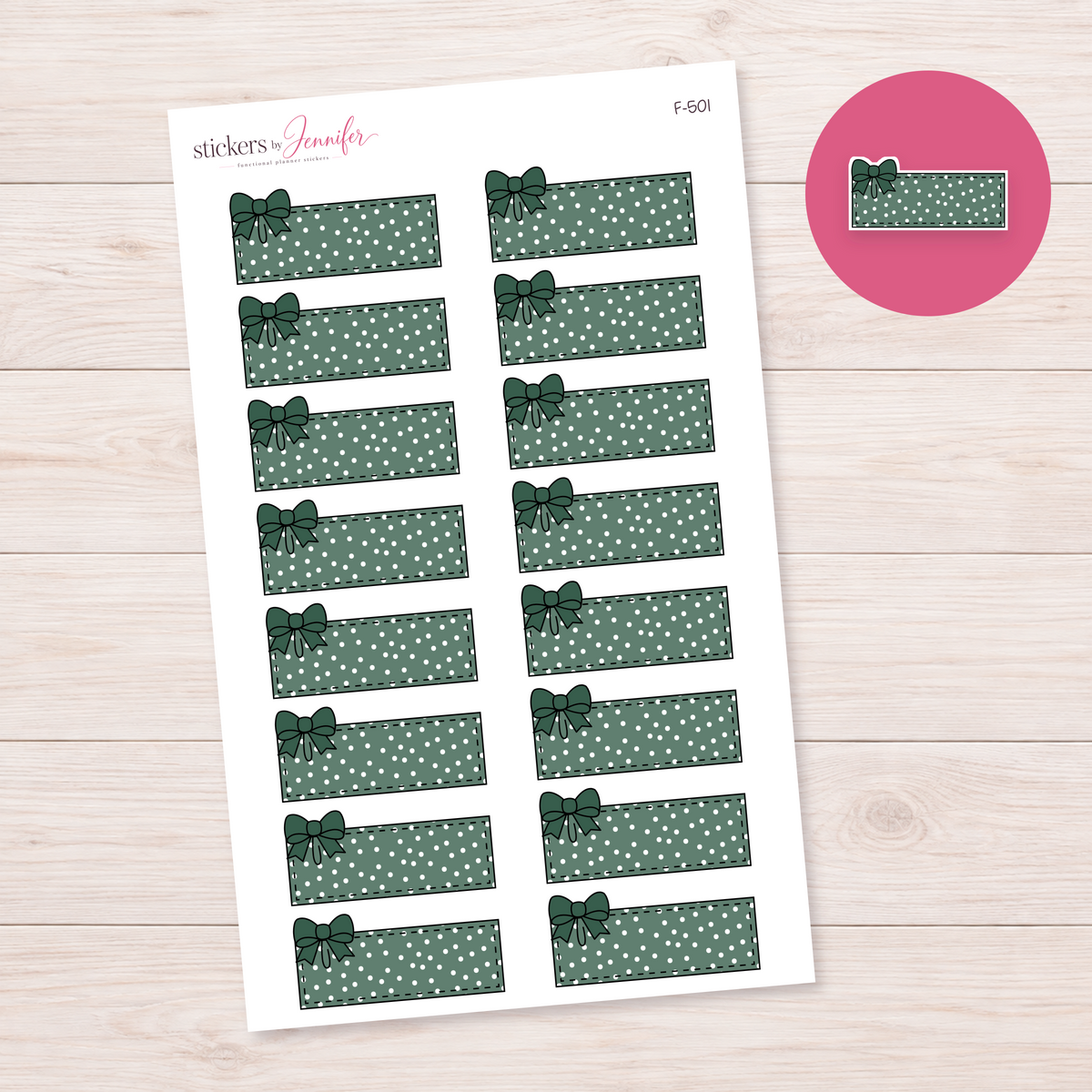Forest Green Polka Dot Bow Label Planner Stickers | F-501