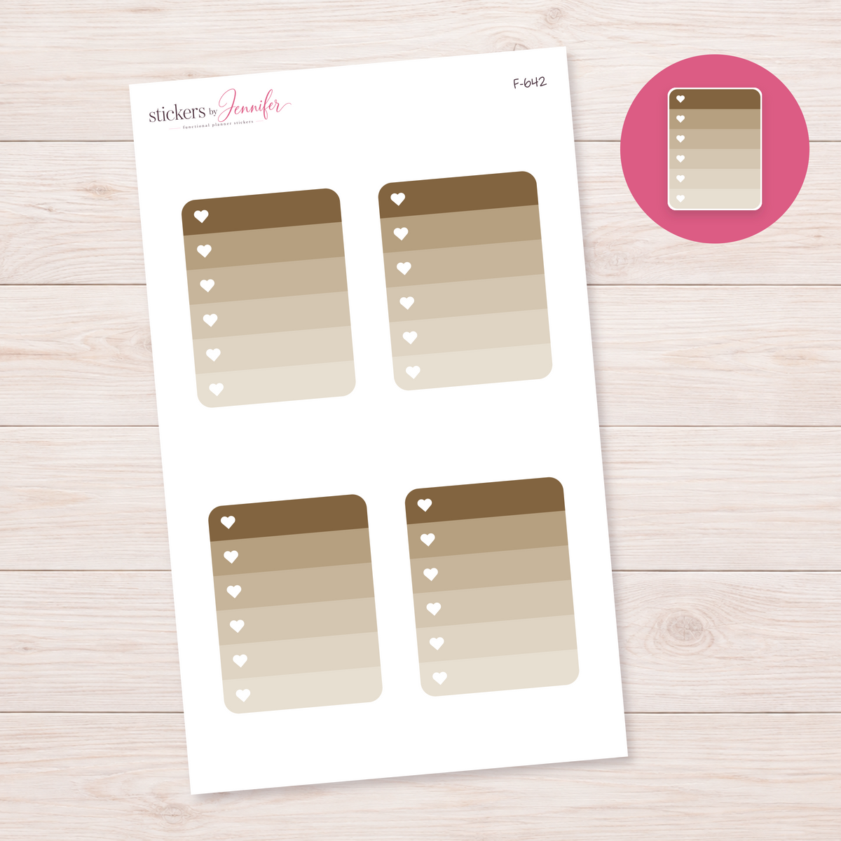 Olive-Brown Heart Checklist Planner Stickers | F-642