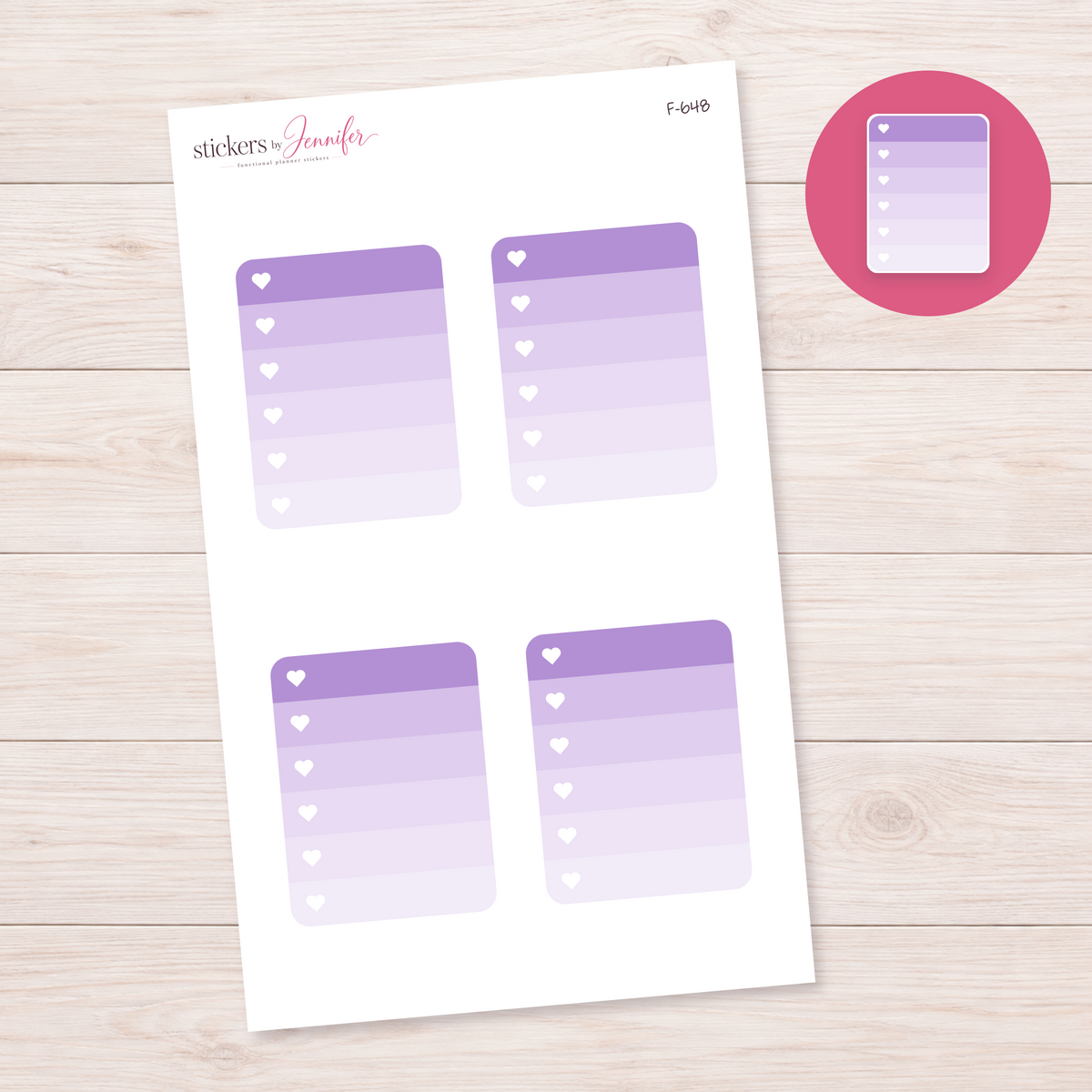 Lavender Ombre Heart Checklist Planner Stickers | F-648