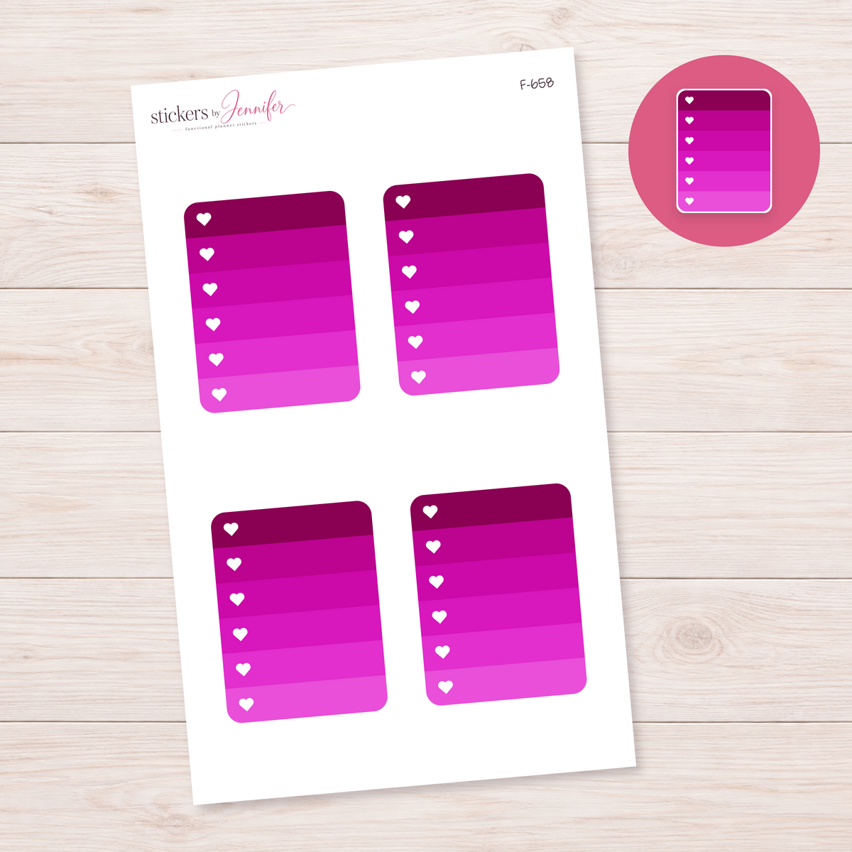 Magenta Ombre Heart Checklist Planner Stickers | F-658