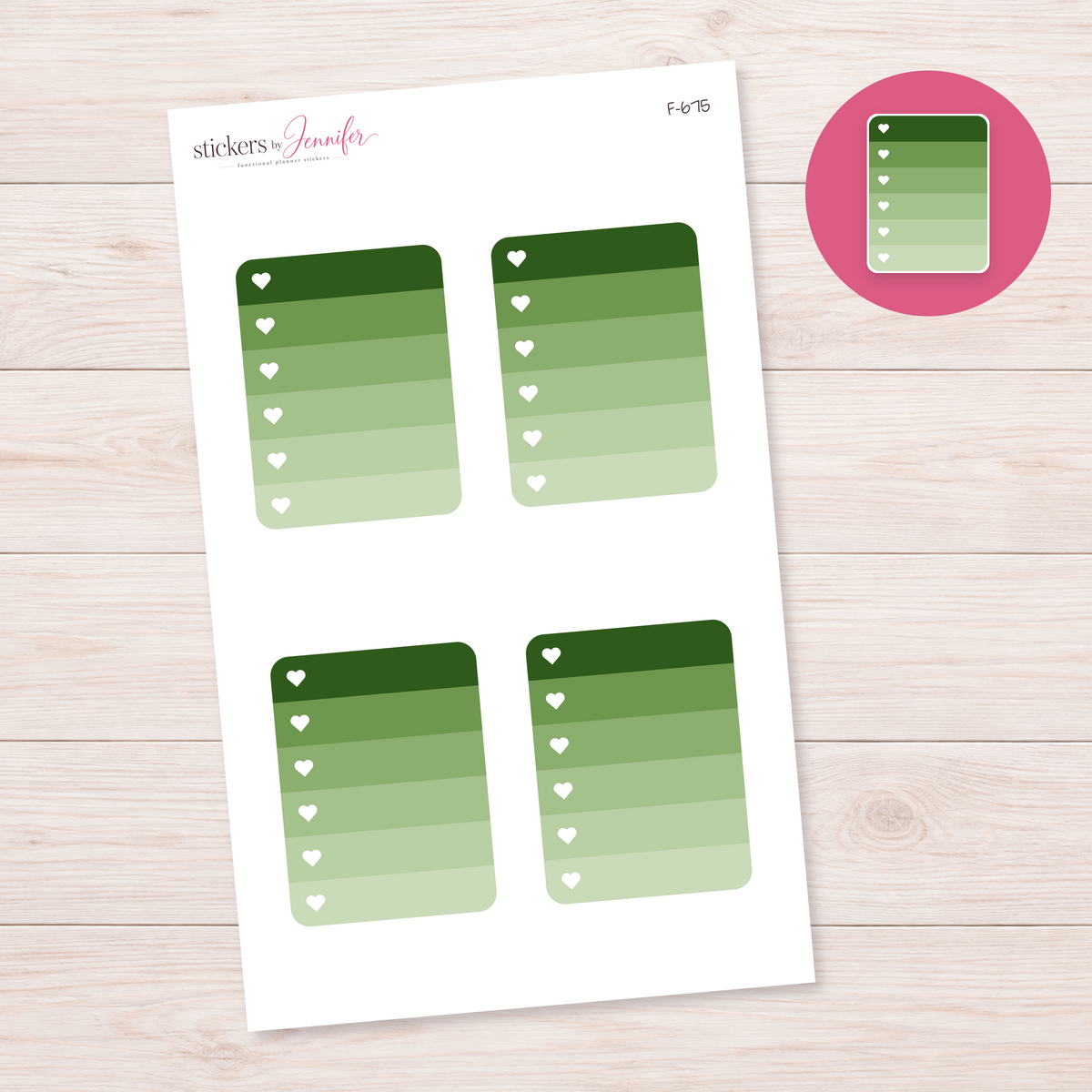 Forest Green Ombre Heart Checklist Planner Stickers | F-675