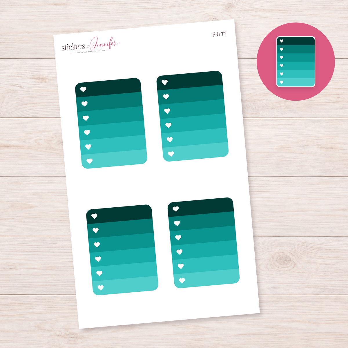 Deep Teal Ombre Heart Checklist Planner Stickers | F-677