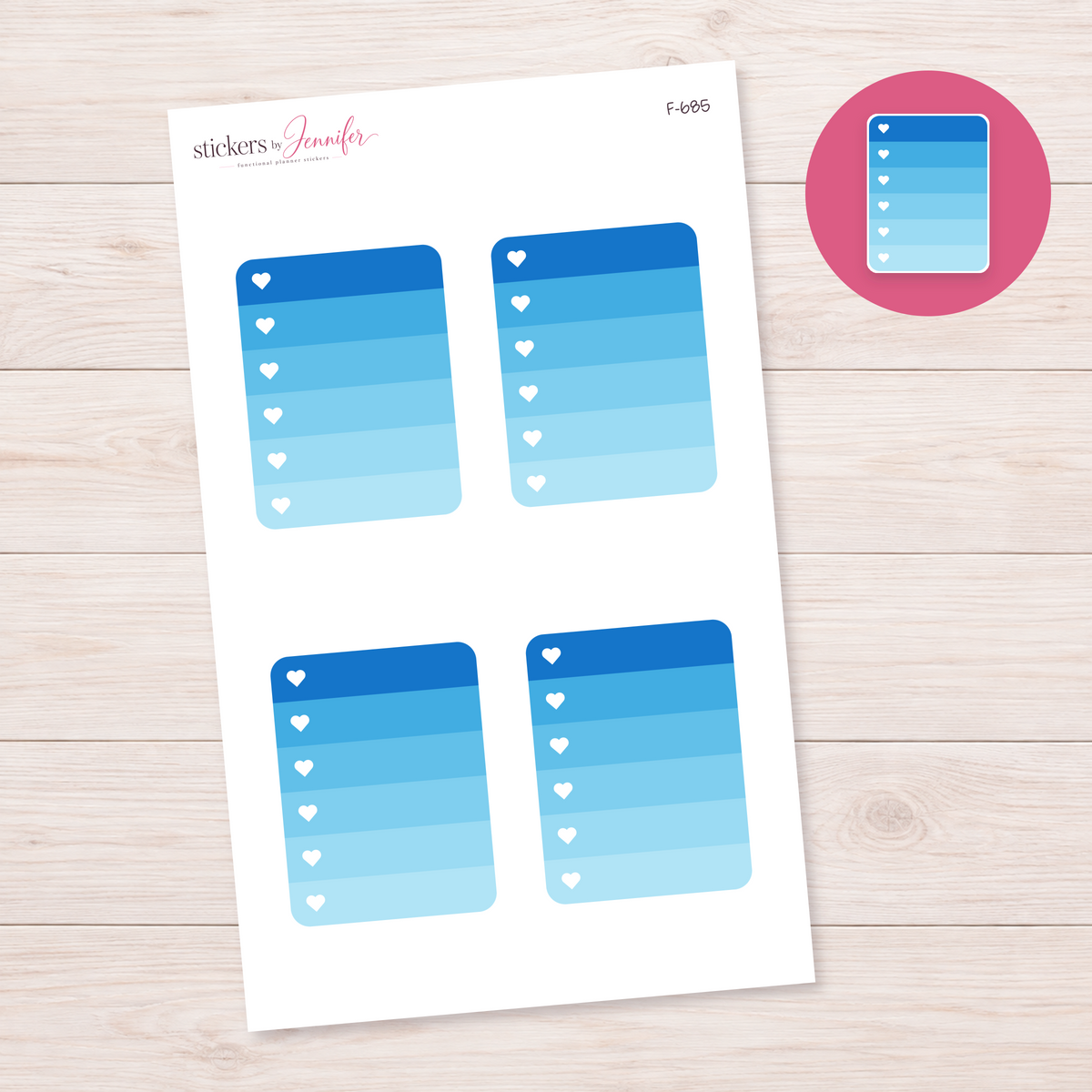 Blue Ombre Heart Checklist Planner Stickers | F-685