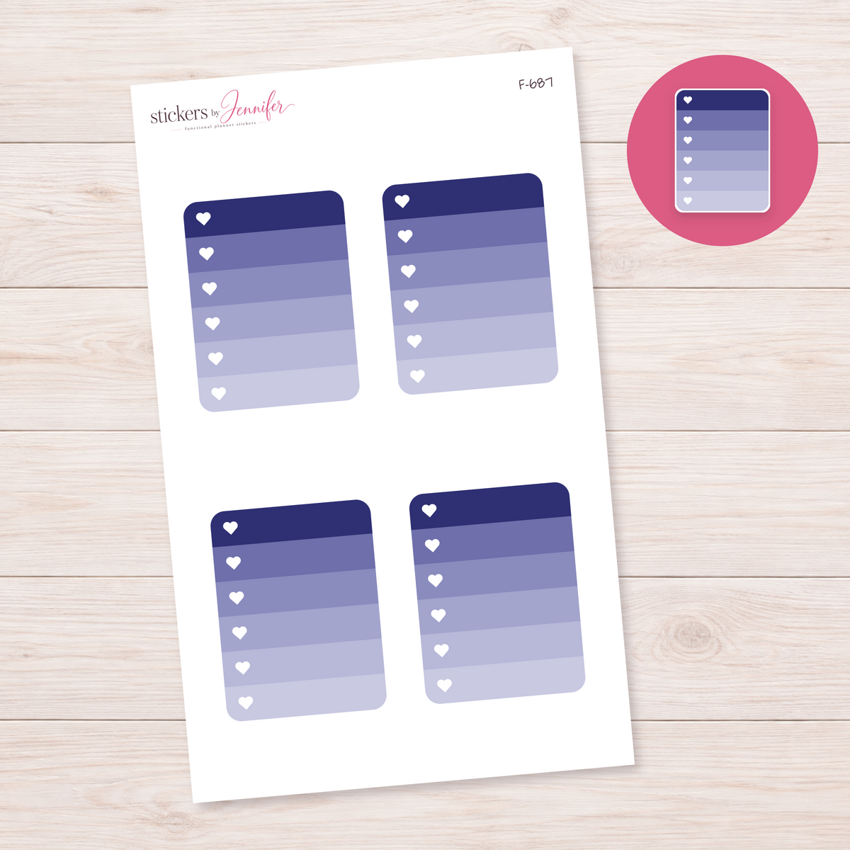 Indigo Ombre Heart Checklist Planner Stickers | F-687