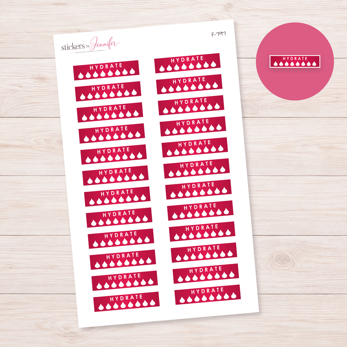 Hot Pink Hydrate Strip Planner Stickers | F-797