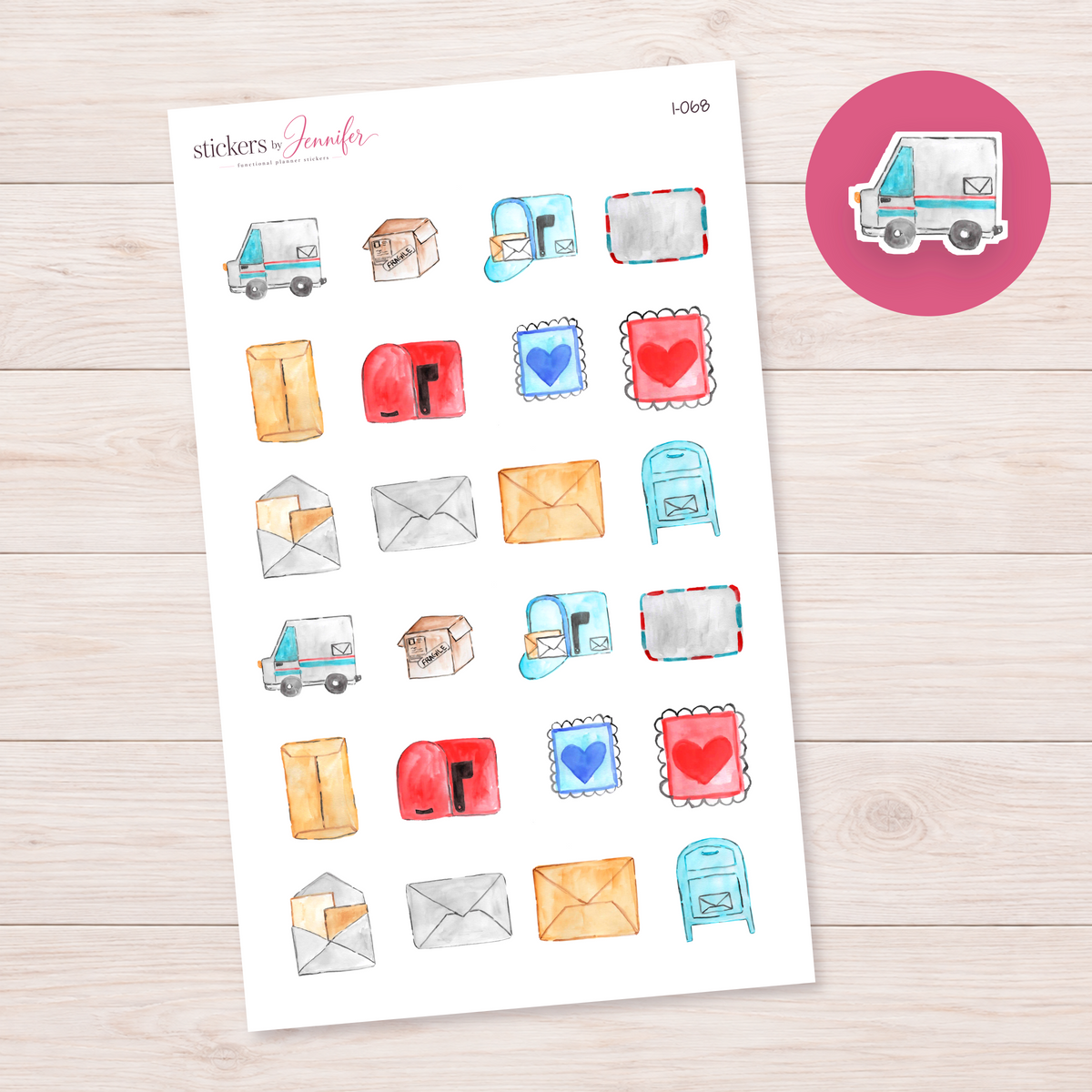 Watercolor Mail Van Planner Stickers | I-068