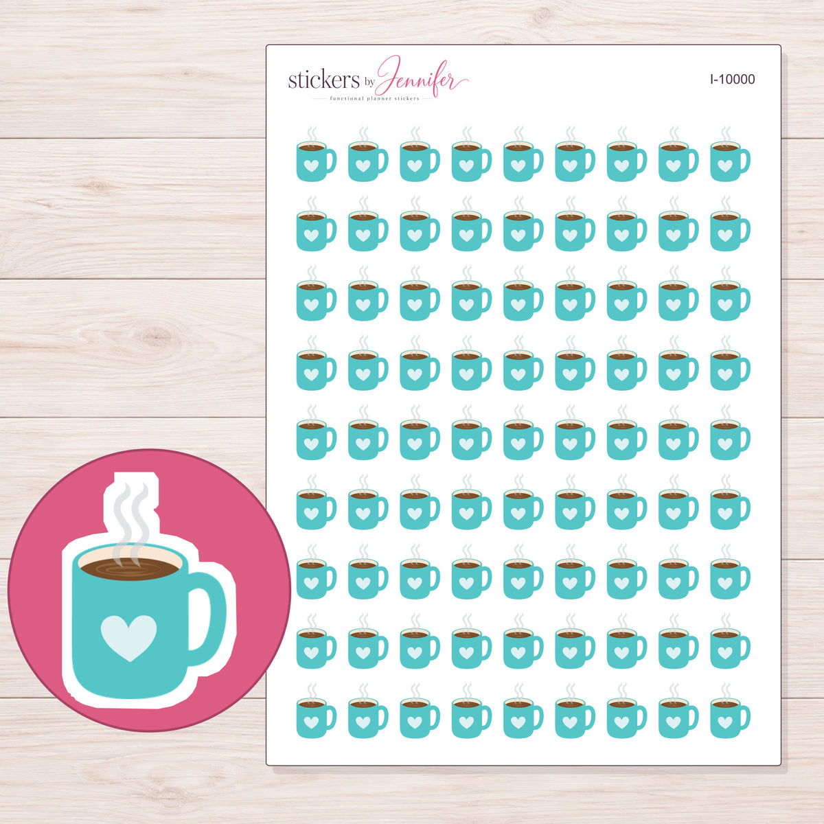 Teal Heart Coffee Mug Planner Stickers | I-10000 — 5 × 7 inch sheet and enlarged sticker detail