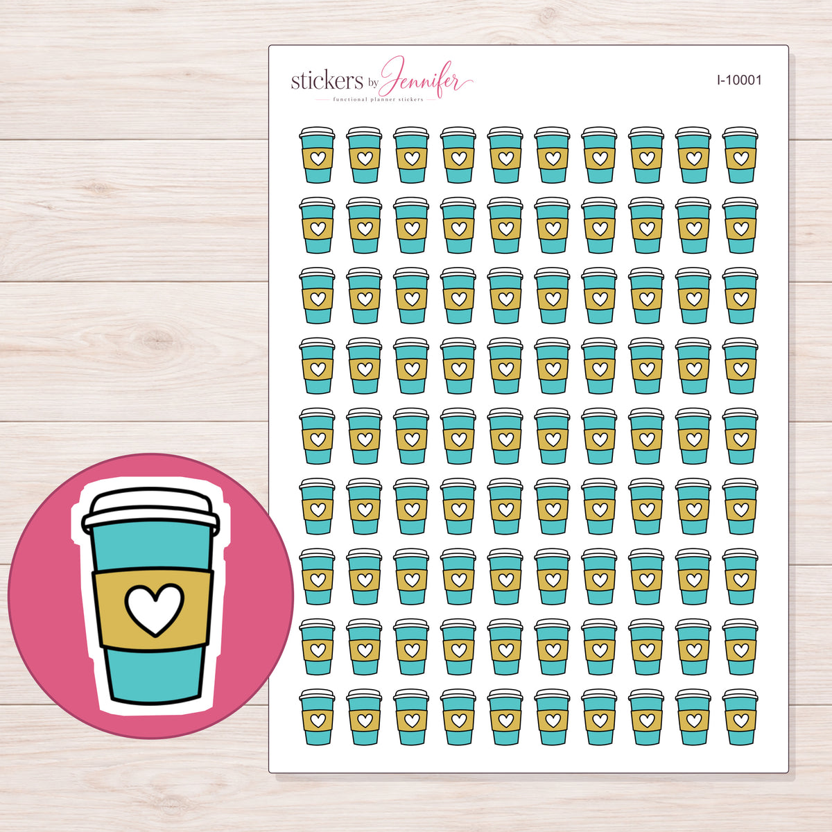 Teal Takeaway Cup with Heart Sleeve Planner Stickers | I-10001 — 5 × 7 inch sheet and enlarged sticker detail