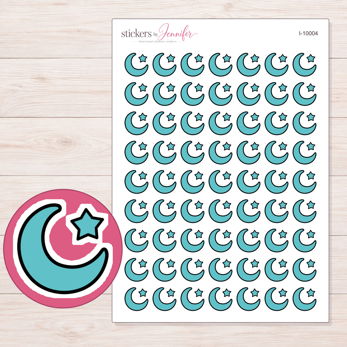 Teal Crescent Moon and Star Planner Stickers | I-10004 — 5 × 7 inch sheet and enlarged sticker detail