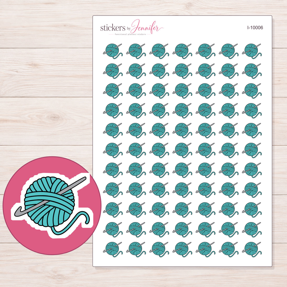 Teal Yarn Ball and Crochet Hook Planner Stickers | I-10006 — 5 × 7 inch sheet and enlarged sticker detail