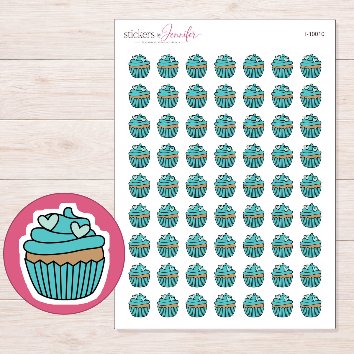 Teal Heart Cupcake Planner Stickers | I-10010 — 5 × 7 inch sheet and enlarged sticker detail