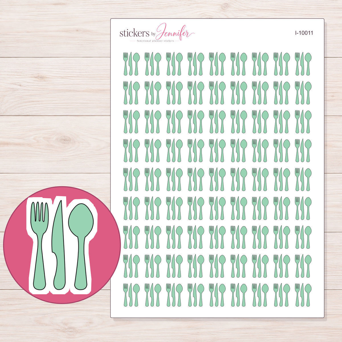 Mint Cutlery Set Planner Stickers | I-10011 — 5 × 7 inch sheet and enlarged sticker detail
